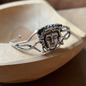 Medusa face brass cuff ID bracelet bangle boho silver layer